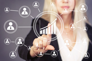 Woman with chart business diagram web online