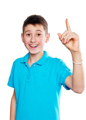 Portrait of a boy pointing finger showing emotions