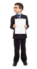 boy in suit show blank sheet