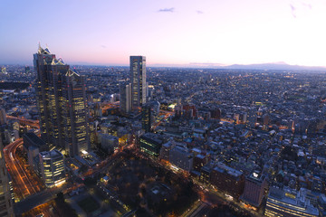 夕焼けトワイライト　新宿高層ビルから超広角で望む　富士山と東京街並全景　遥かかなた横浜まで