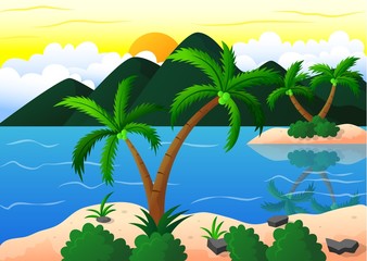 Fototapeta na wymiar Exotic Beach and Coconut Island Vacation, Vector Illustration