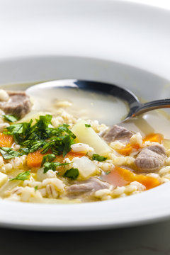 Scottish soup of mutton meat with kohlrabi and barley
