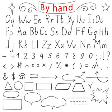 Handwritten letters, number, characters, shapes