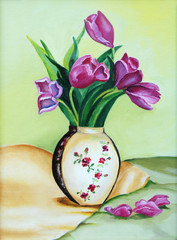 Beautiful violet tulip flowers in a vase. Oil painting.