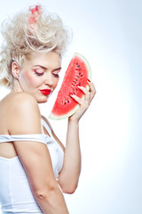 woman with watermelon, white background