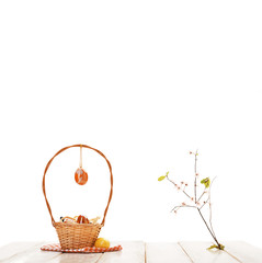 Fototapeta na wymiar Basket with eggs on picnic table