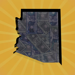 Arizona map on dollars sunburst illustration