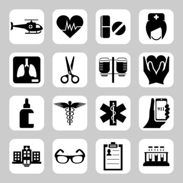 Medical and hospital related vector icon set