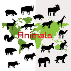 Fototapeta premium Vector animals silhouettes on world map, flat style