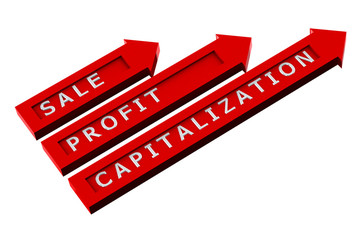 Red arrows with words, sale, profit, capitalization