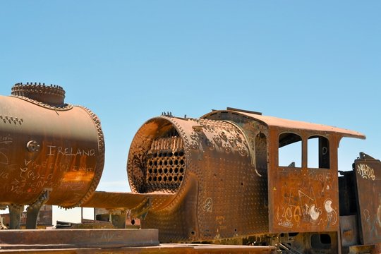 Rusty steam locomotives, train cemetery in Bolivia