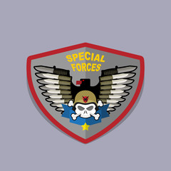 war emblem. Military logo. Skull wearing a helmet with a weapon