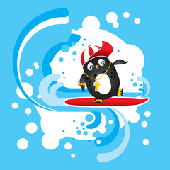 Funny penguin with red cap rides his surf on waves