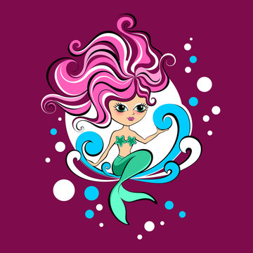 Pink cartoon mermaid sitting in the waves