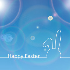 Background with outline bunny ears and blue sky. Happy Easter
