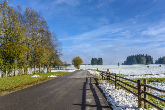 Cold winter day at countryside. Road and wooden fence.