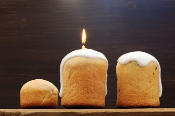 Kulichi, traditional Russian Easter cake with icing and candle o