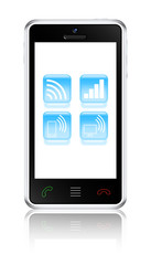 Touchscreen smartphone with wireless communications icons. Vecto