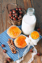 Breakfast time (homemade muffins with orange and cinnamon jam, y