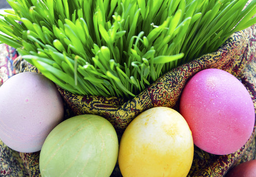 Colored Eggs And Wheat Springs On Nowruz Holiday