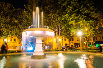 Fountain at Orange Circle at night, in Orange, California.