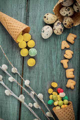 Cones are decorated for Easter quail eggs and candy colored