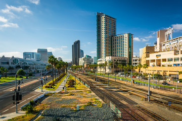 View of Harbor Drive and railroad tracks in San Diego, Californi
