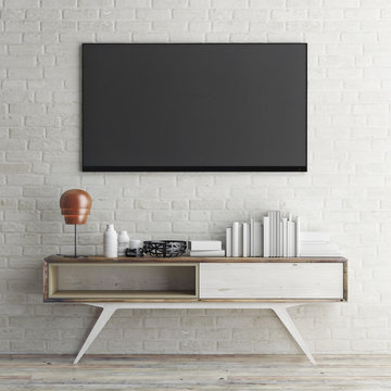 mock up tv on white brick wall, 3d illustration