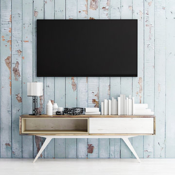 mock up tv on wooden wall, 3d illustration