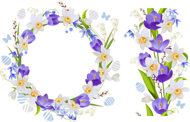 Frame and seamless border with spring flowers