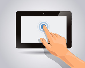 Glossy tablet with touch tactile touch hand Isolated.