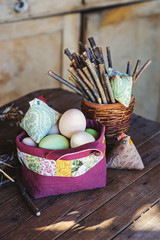 easter handmade chicken and eggs in spring country house