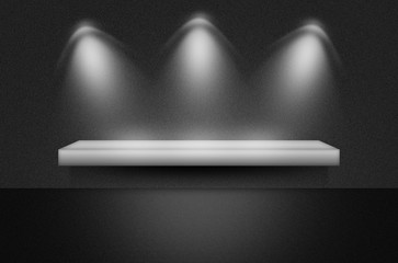 Black texture scene or background with spotlight and empty shelf