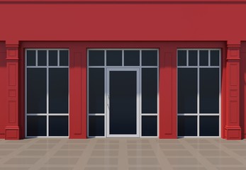 Red shopfront with large windows. Red store facade.