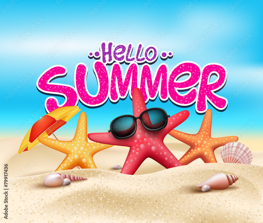 Poster hello summer in beach seashore with realistic objects