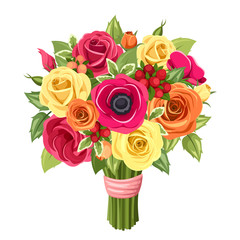 Bouquet of colorful roses, lisianthus and anemones flowers.