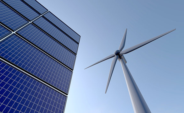 Zonnepanelen met daarnaast een windmolen