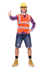 Young construction worker thumbs upisolated  on white