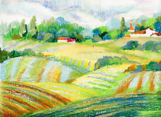 Fototapeta premium Hand painted pastel countryside landscape