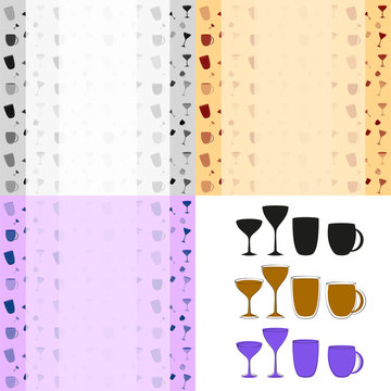 cups and glasses set of icons and background pattern