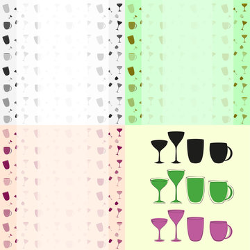 cups and glasses set of icons and background pattern