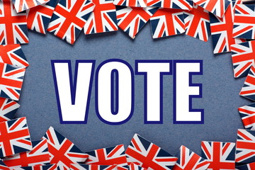 The word Vote with a border of Union Jack flags