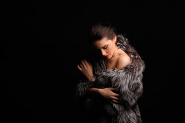 Beauty Fashion Model Girl in Blue Mink Fur Coat