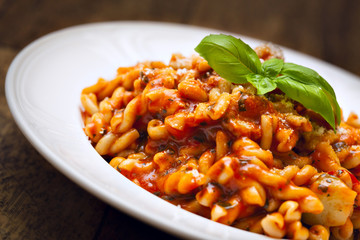 Gemelli pasta with homemade tomato and zucchini sauce