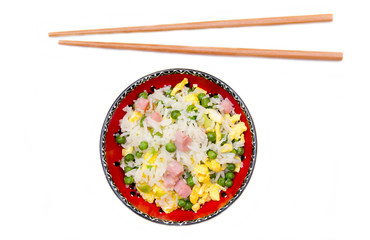 Cantonese rice on a white background seen from above