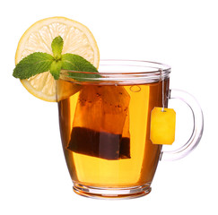 glass cup of tea with lemon and mint isolated on white backgroun