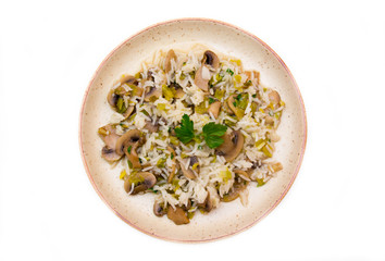 Risotto with mushrooms on a white background seen from above