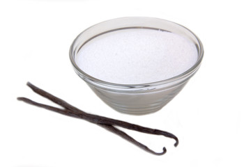 Vanilla sugar on bowl on white background
