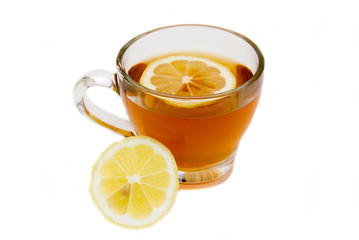 Tea with lemon on cup on white background