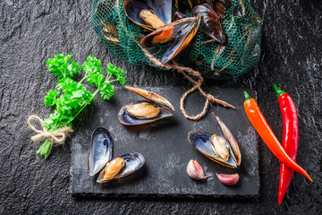 Freshly caught mussels on black rock